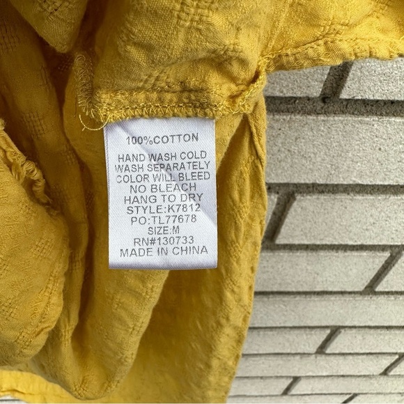 Umgee Gold Mustard Yellow Textured Cotton Button Down High/Low Raw Oversized Top - Picture 9 of 9